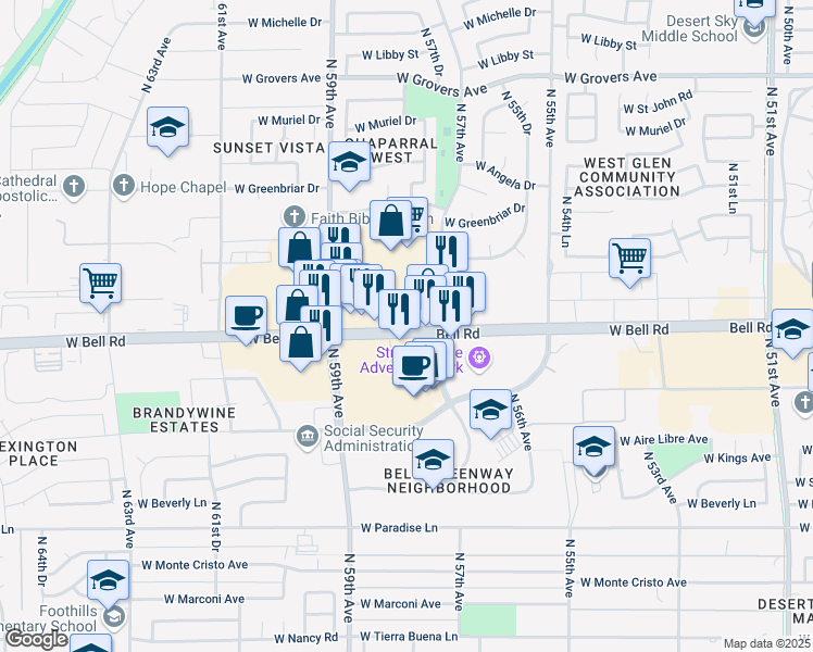 map of restaurants, bars, coffee shops, grocery stores, and more near 5736 West Bell Road in Glendale