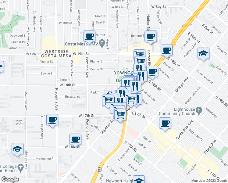 map of restaurants, bars, coffee shops, grocery stores, and more near 1778 Kenwood Pl in Costa Mesa