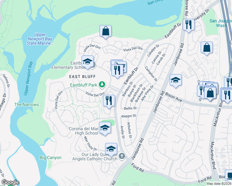 map of restaurants, bars, coffee shops, grocery stores, and more near 2436 Vista Hogar in Newport Beach