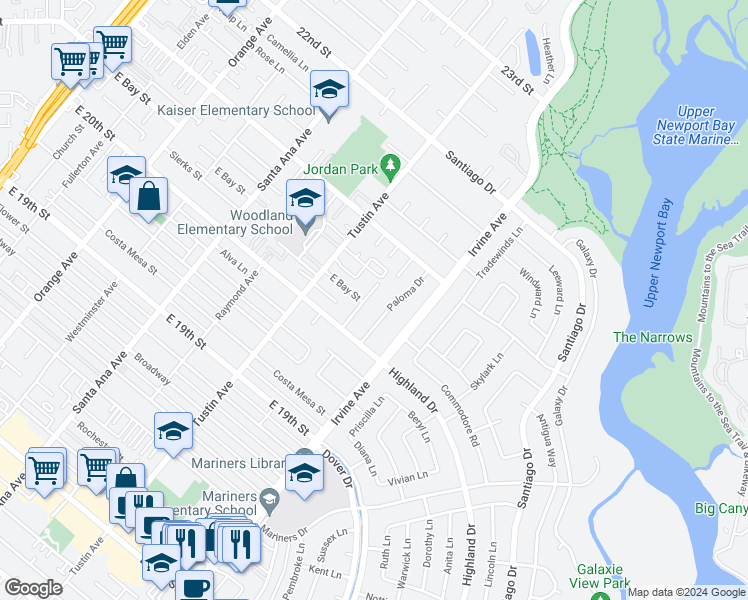 map of restaurants, bars, coffee shops, grocery stores, and more near 2042 Aliso Avenue in Costa Mesa