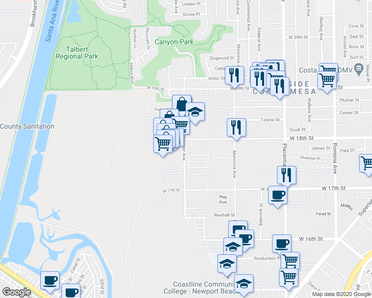 map of restaurants, bars, coffee shops, grocery stores, and more near 1780 Whittier Ave in Costa Mesa