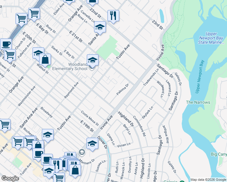 map of restaurants, bars, coffee shops, grocery stores, and more near 2042 Aliso Avenue in Costa Mesa