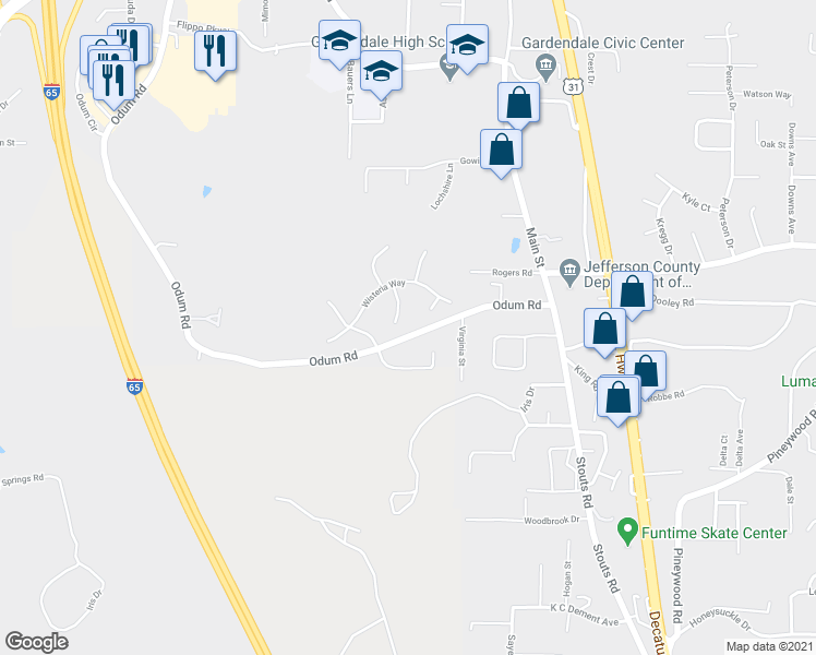 map of restaurants, bars, coffee shops, grocery stores, and more near 4305 Foxglove Trail in Gardendale
