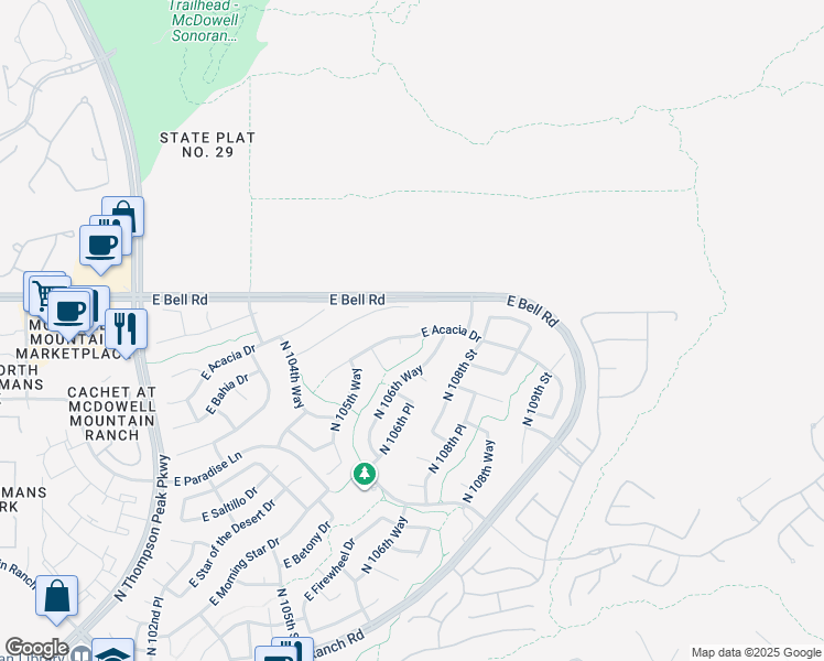 map of restaurants, bars, coffee shops, grocery stores, and more near 10660 East Acacia Drive in Scottsdale