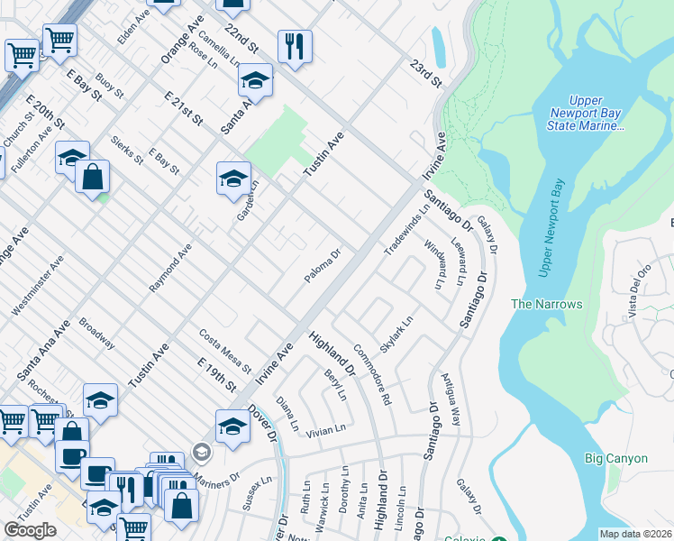 map of restaurants, bars, coffee shops, grocery stores, and more near 1729 Irvine Avenue in Newport Beach