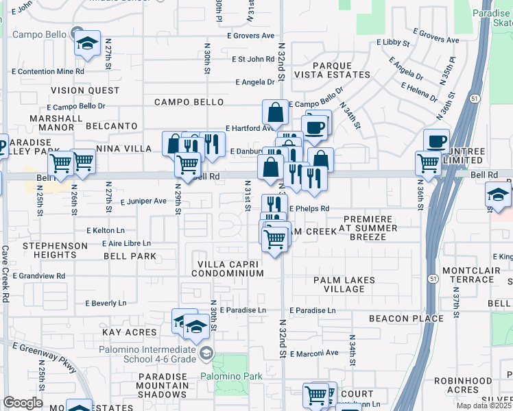 map of restaurants, bars, coffee shops, grocery stores, and more near 16801 North 31st Street in Phoenix
