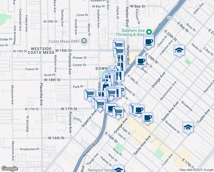 map of restaurants, bars, coffee shops, grocery stores, and more near 582 Park Place in Costa Mesa