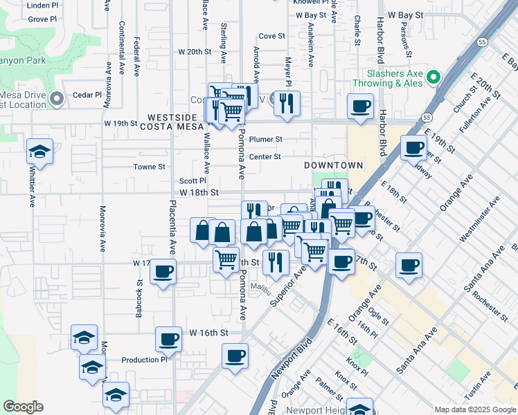 map of restaurants, bars, coffee shops, grocery stores, and more near 686 Park Drive in Costa Mesa