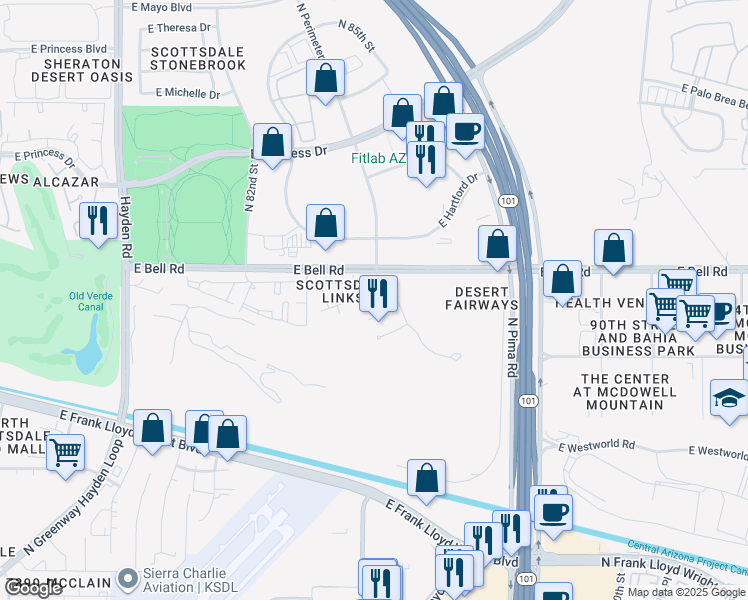 map of restaurants, bars, coffee shops, grocery stores, and more near 16858 North Perimeter Drive in Scottsdale