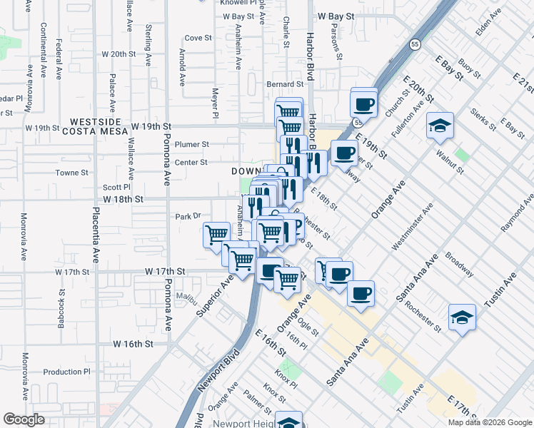 map of restaurants, bars, coffee shops, grocery stores, and more near 1777 Newport Boulevard in Costa Mesa