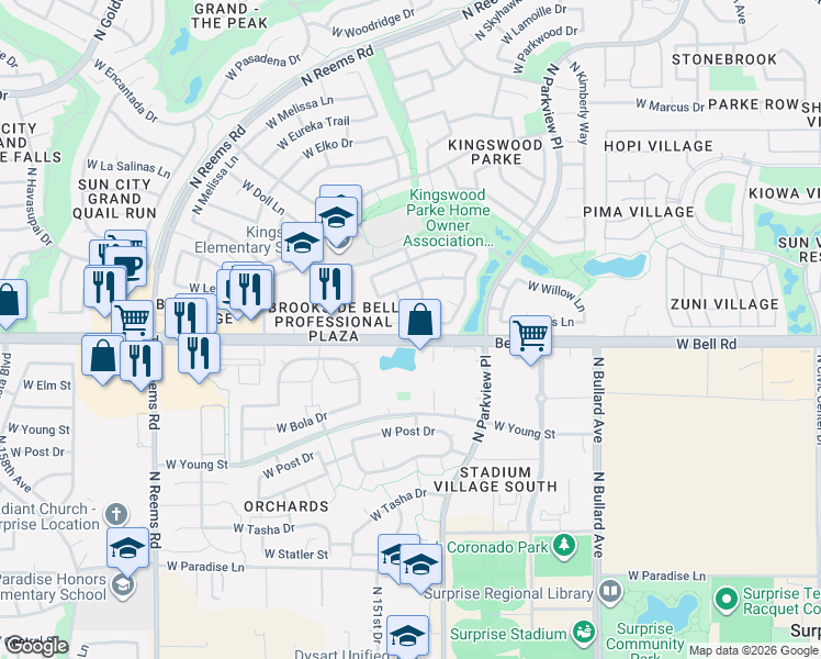 map of restaurants, bars, coffee shops, grocery stores, and more near 15019 West Rockrose Way in Surprise