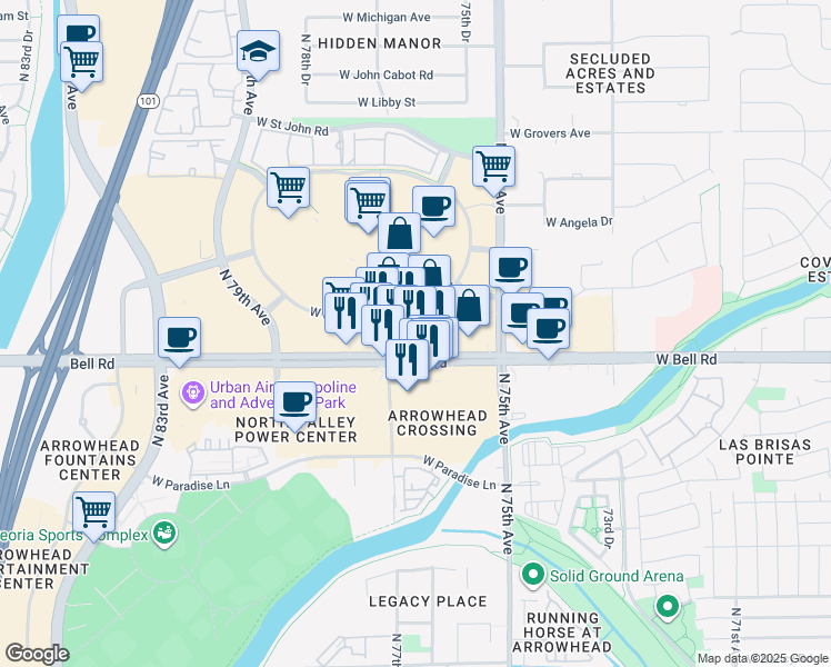 map of restaurants, bars, coffee shops, grocery stores, and more near 7658 West Bell Road in Glendale