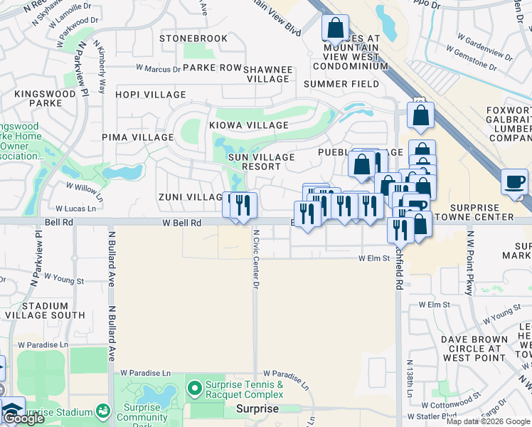map of restaurants, bars, coffee shops, grocery stores, and more near 17300 North Sun Village Parkway in Surprise