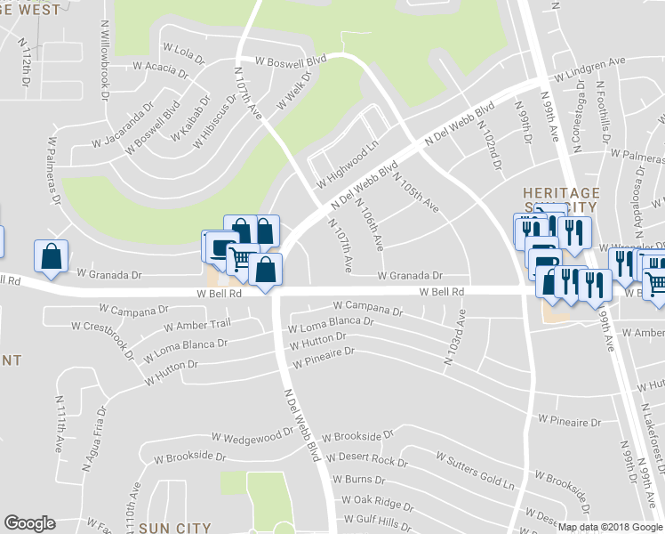 map of restaurants, bars, coffee shops, grocery stores, and more near 17040 North 107th Avenue in Sun City