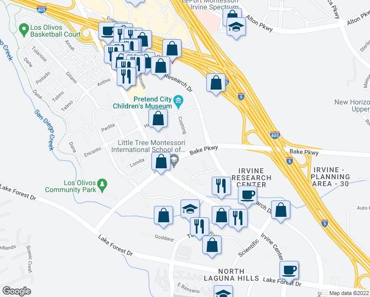 map of restaurants, bars, coffee shops, grocery stores, and more near 15 Cushing in Irvine