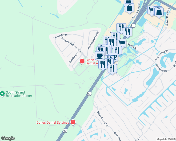 map of restaurants, bars, coffee shops, grocery stores, and more near 3013 Newcastle Loop in Myrtle Beach