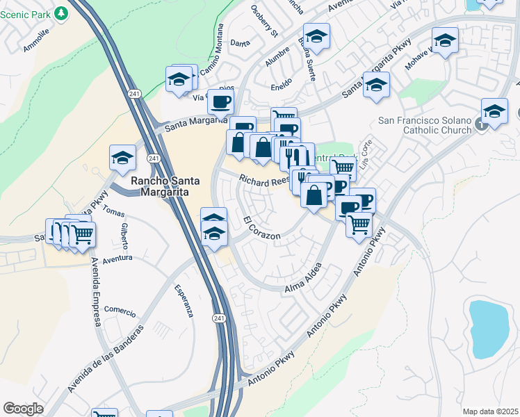 map of restaurants, bars, coffee shops, grocery stores, and more near 20 Paseo Simpatico in Rancho Santa Margarita