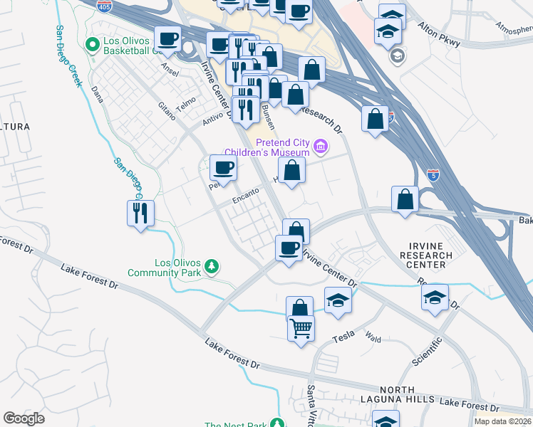 map of restaurants, bars, coffee shops, grocery stores, and more near 107 Montero in Irvine
