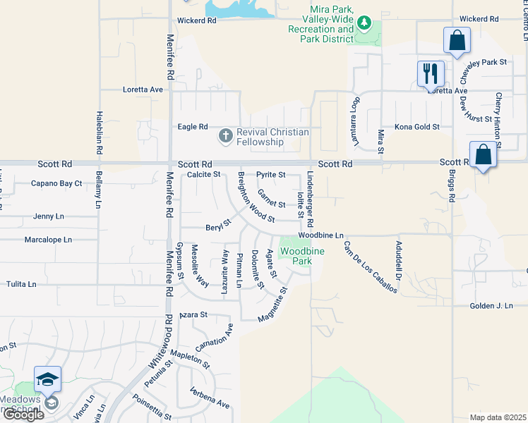 map of restaurants, bars, coffee shops, grocery stores, and more near 33200 Breighton Wood Street in Menifee