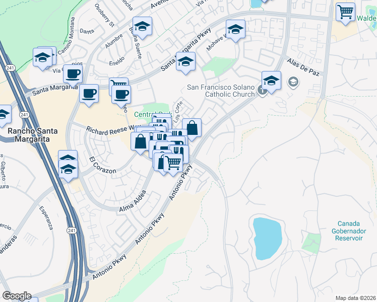 map of restaurants, bars, coffee shops, grocery stores, and more near 98 Vía Barcelona in Rancho Santa Margarita