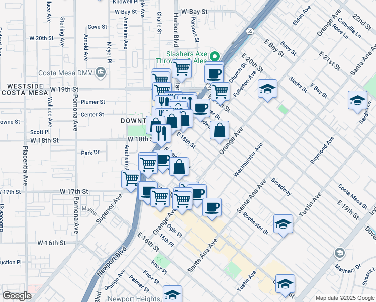 map of restaurants, bars, coffee shops, grocery stores, and more near 145 East 18th Street in Costa Mesa