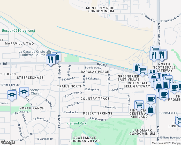 map of restaurants, bars, coffee shops, grocery stores, and more near 16636 North 67th Street in Scottsdale