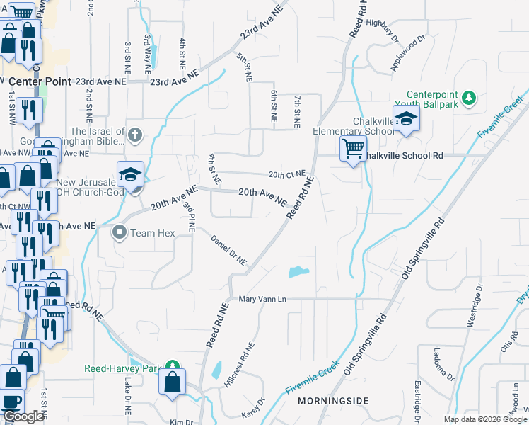 map of restaurants, bars, coffee shops, grocery stores, and more near 512 19th Terrace Northeast in Center Point