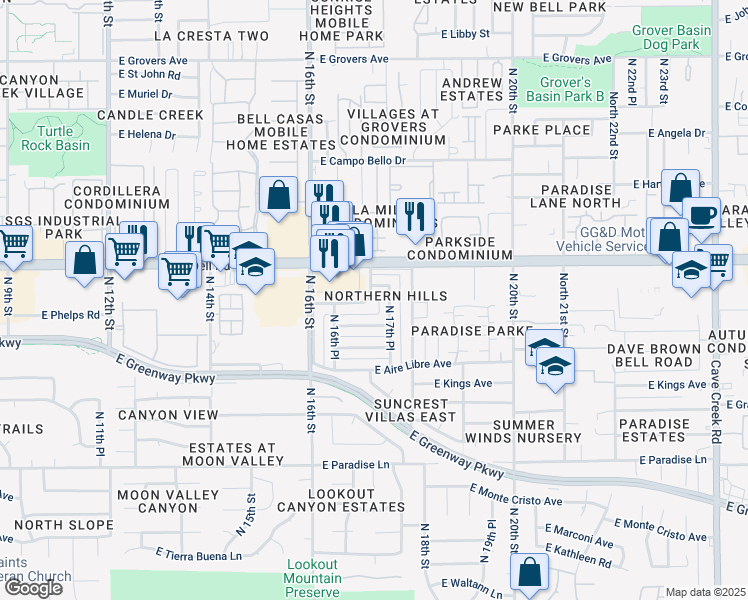 map of restaurants, bars, coffee shops, grocery stores, and more near 1653 North 17th Street in Phoenix