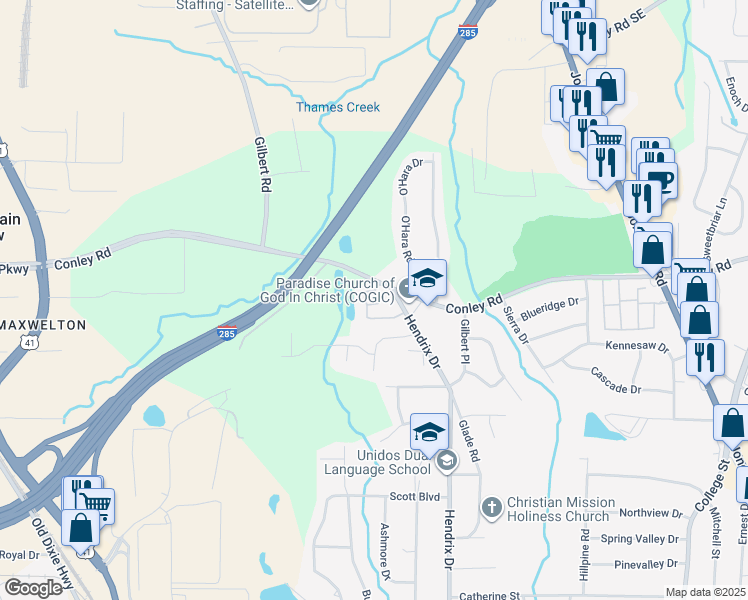map of restaurants, bars, coffee shops, grocery stores, and more near 4241 Hendrix Drive in Forest Park
