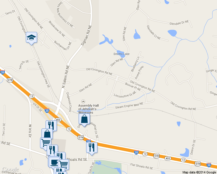 map of restaurants, bars, coffee shops, grocery stores, and more near 1601 Coal Shovel Trail Northeast in Conyers
