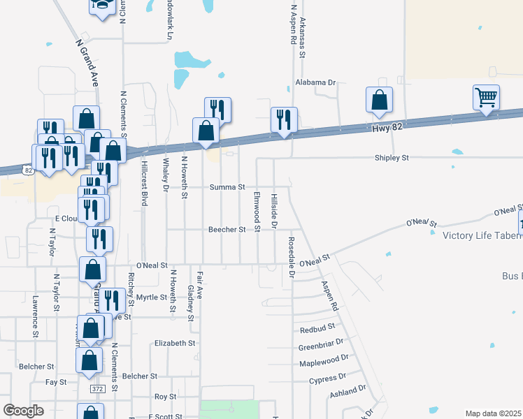 map of restaurants, bars, coffee shops, grocery stores, and more near 1210 Elmwood Street in Gainesville