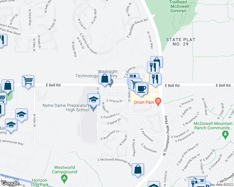 map of restaurants, bars, coffee shops, grocery stores, and more near 9915 East Bell Road in Scottsdale