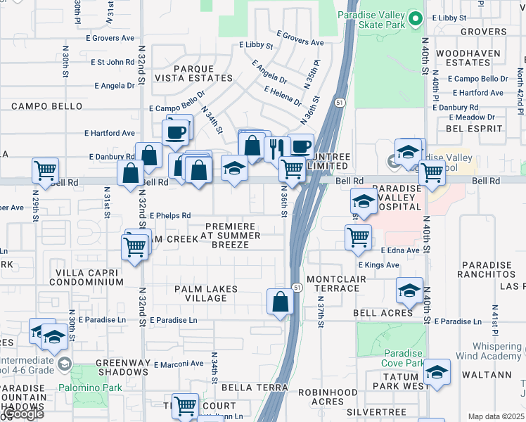map of restaurants, bars, coffee shops, grocery stores, and more near 76 East Phelps Road in Phoenix