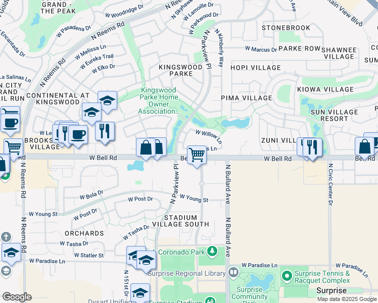 map of restaurants, bars, coffee shops, grocery stores, and more near 14775 West Lucas Lane in Surprise