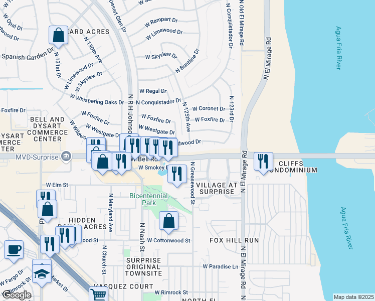 map of restaurants, bars, coffee shops, grocery stores, and more near 12423 Wildwood Drive in Sun City West