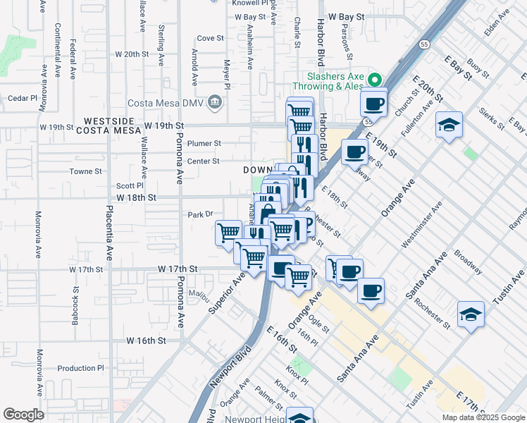 map of restaurants, bars, coffee shops, grocery stores, and more near 582 Park Place in Costa Mesa