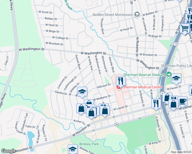 map of restaurants, bars, coffee shops, grocery stores, and more near 524 North McKown Avenue in Sherman