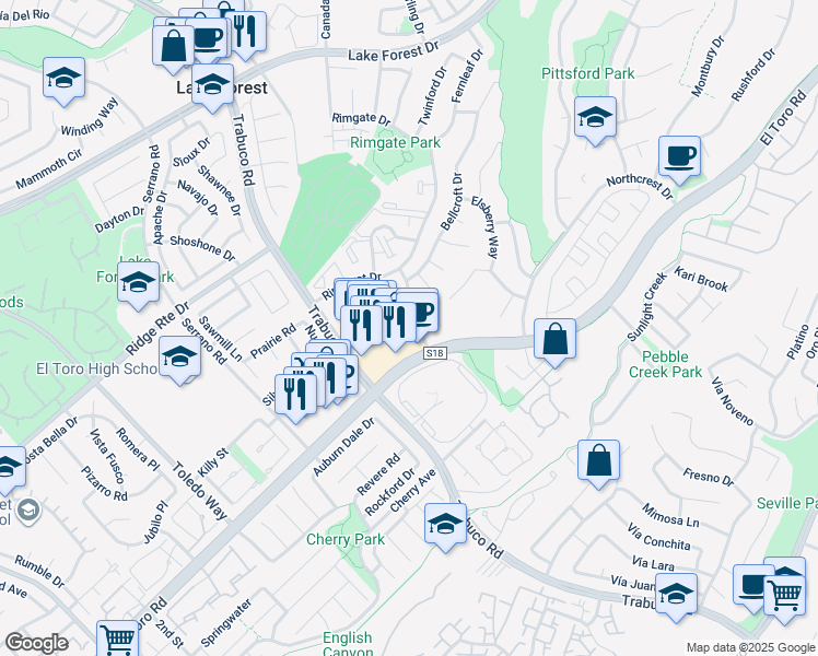 map of restaurants, bars, coffee shops, grocery stores, and more near 22288 Redwood Pointe in Lake Forest