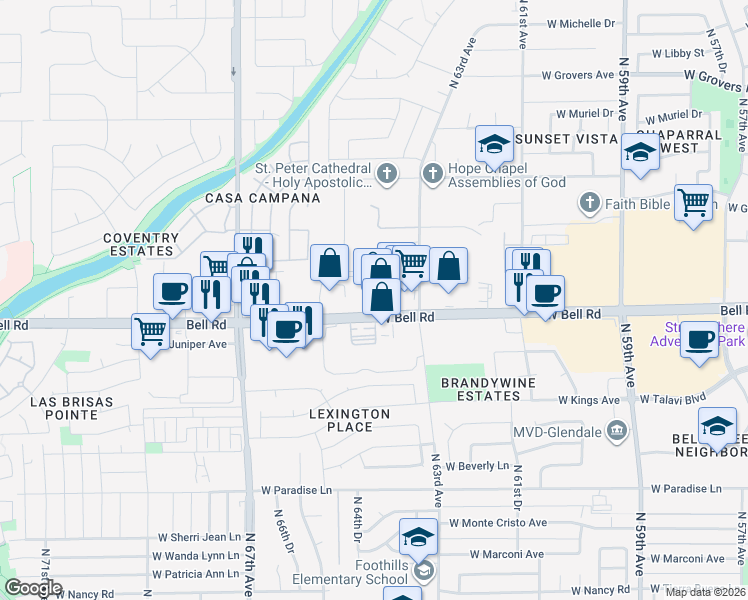 map of restaurants, bars, coffee shops, grocery stores, and more near 6394 West Bell Road in Glendale