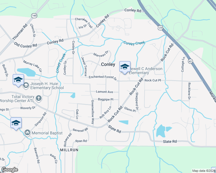 map of restaurants, bars, coffee shops, grocery stores, and more near 4226 Jolly Green Drive in Conley