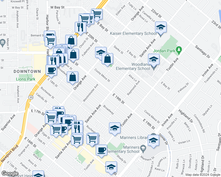 map of restaurants, bars, coffee shops, grocery stores, and more near 296 East 19th Street in Costa Mesa