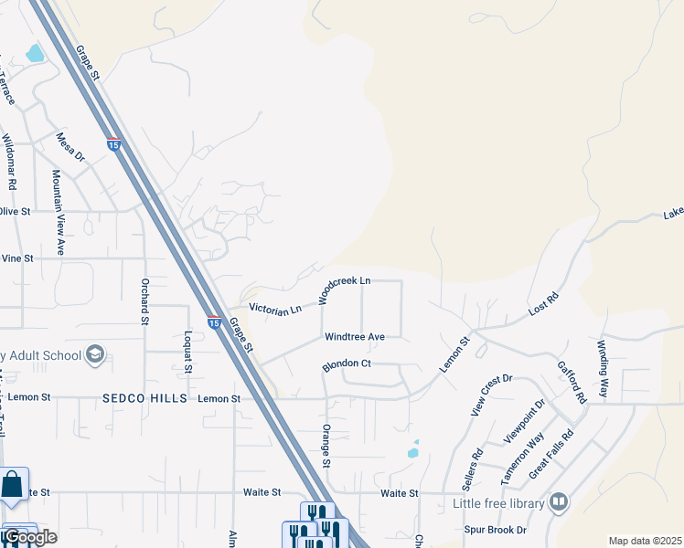 map of restaurants, bars, coffee shops, grocery stores, and more near 22136 Woodcreek Lane in Wildomar