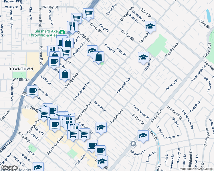 map of restaurants, bars, coffee shops, grocery stores, and more near 1918 Santa Ana Avenue in Costa Mesa