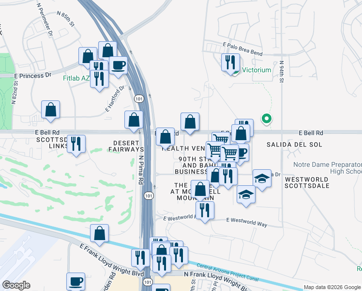 map of restaurants, bars, coffee shops, grocery stores, and more near 8913 East Bell Road in Scottsdale