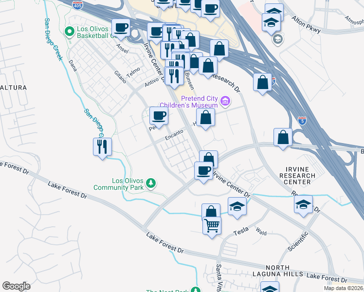 map of restaurants, bars, coffee shops, grocery stores, and more near 107 Montero in Irvine