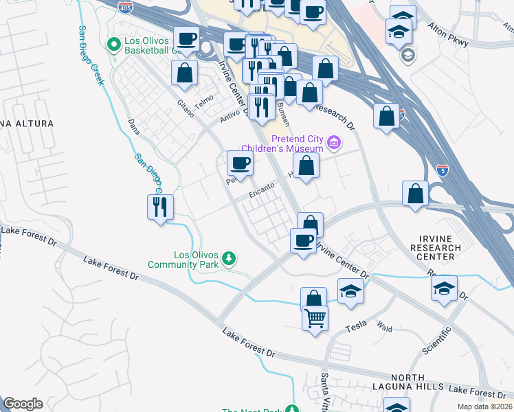 map of restaurants, bars, coffee shops, grocery stores, and more near 138 Linda Vista in Irvine