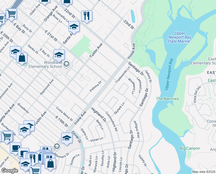 map of restaurants, bars, coffee shops, grocery stores, and more near 1751 Tradewinds Lane in Newport Beach