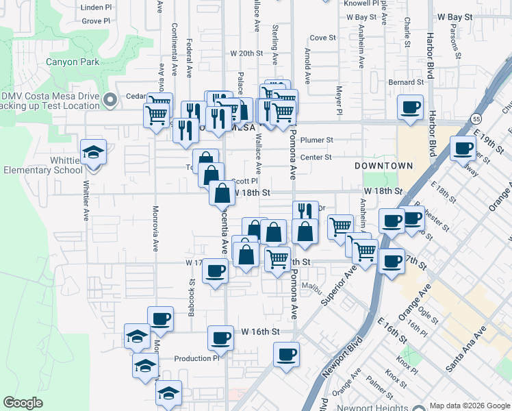 map of restaurants, bars, coffee shops, grocery stores, and more near 755 West 18th Street in Costa Mesa