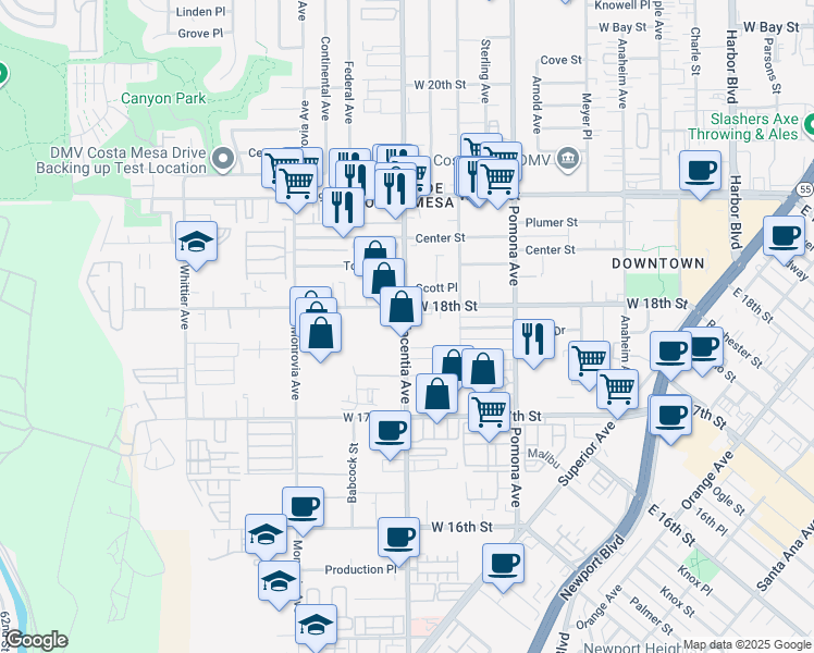 map of restaurants, bars, coffee shops, grocery stores, and more near 1780 Placentia Avenue in Costa Mesa