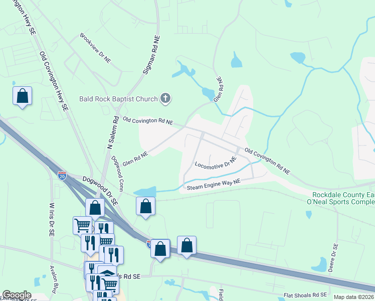 map of restaurants, bars, coffee shops, grocery stores, and more near 1601 Coal Shovel Trail Northeast in Conyers